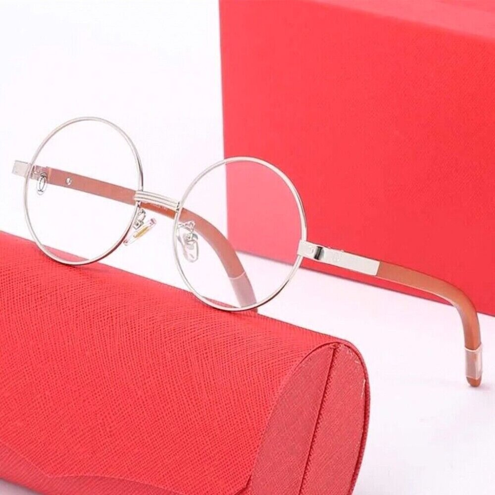 Men's Large Vintage Silver Frame Round Clear Lens Wood Grain Retro Glasses